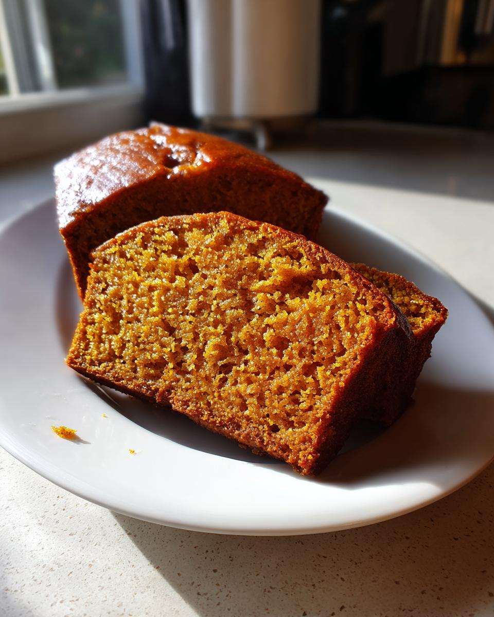 Close-up of two slices of moist, richly colored easy pumpkin bread sitting on a white plate, highlighted by sunlight.