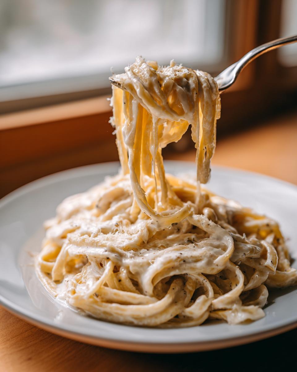 A fork lifting fettuccine noodles coated in rich olive garden alfredo sauce from a white plate.