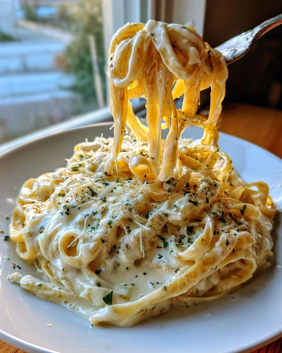 A fork lifts creamy fettuccine coated in rich olive garden alfredo sauce, topped with Parmesan and parsley.