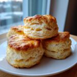 A stack of four tall, flaky buttermilk biscuits with golden brown tops resting on a white plate.