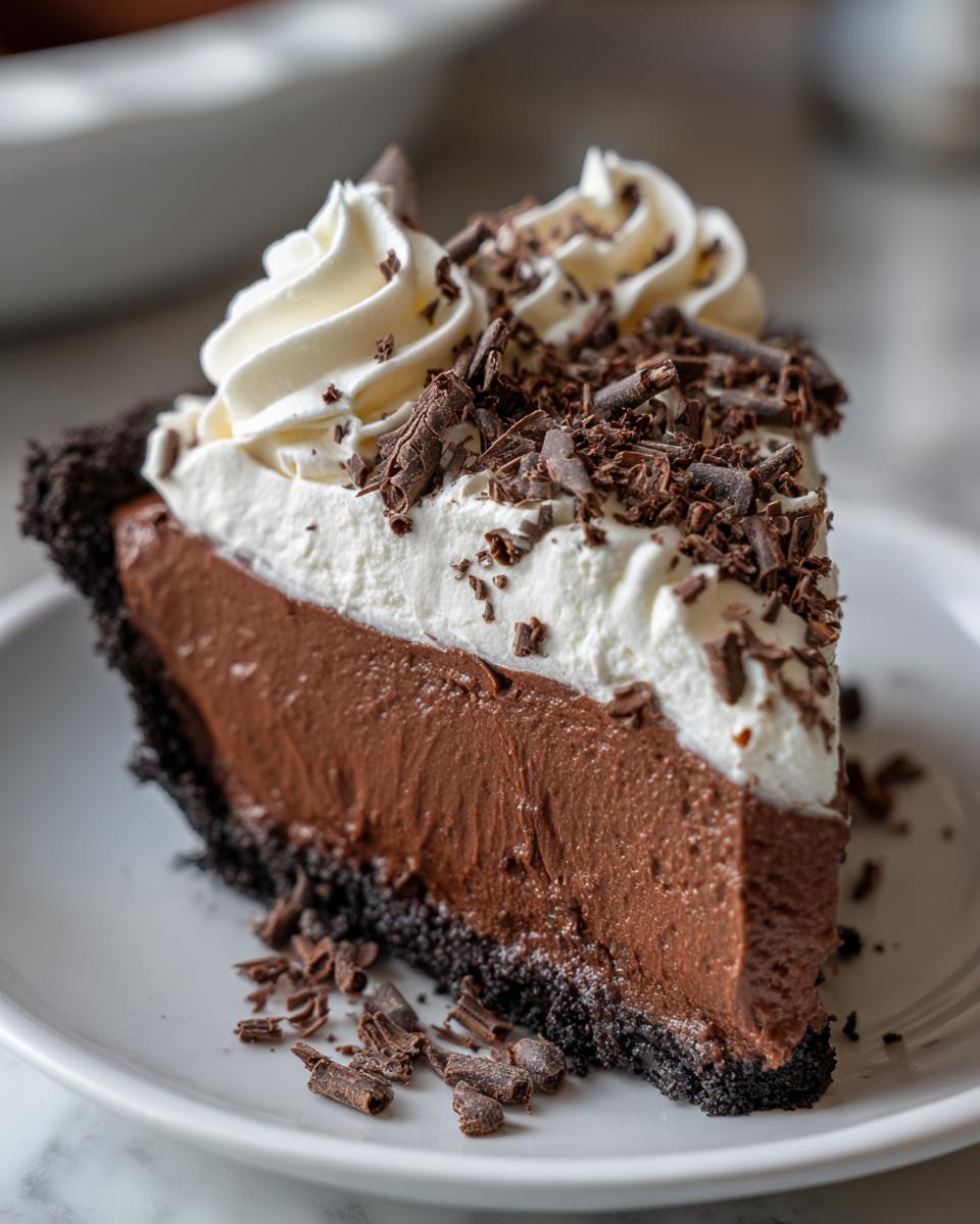 A perfect slice of rich, dark chocolate french silk pie topped with whipped cream and chocolate shavings.