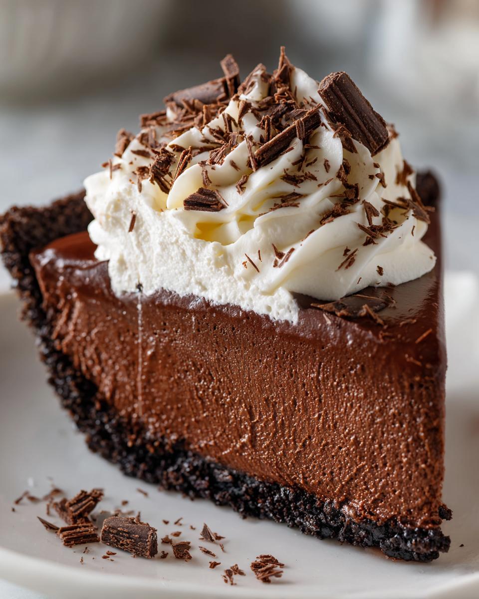 A close-up slice of rich, dark chocolate french silk pie topped with whipped cream and chocolate shavings.