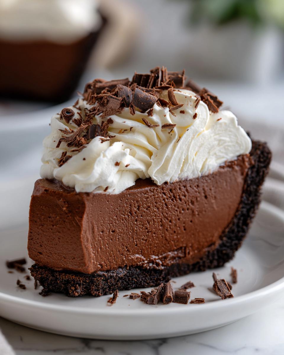 A perfect slice of rich, dark chocolate french silk pie topped with whipped cream and chocolate shavings.