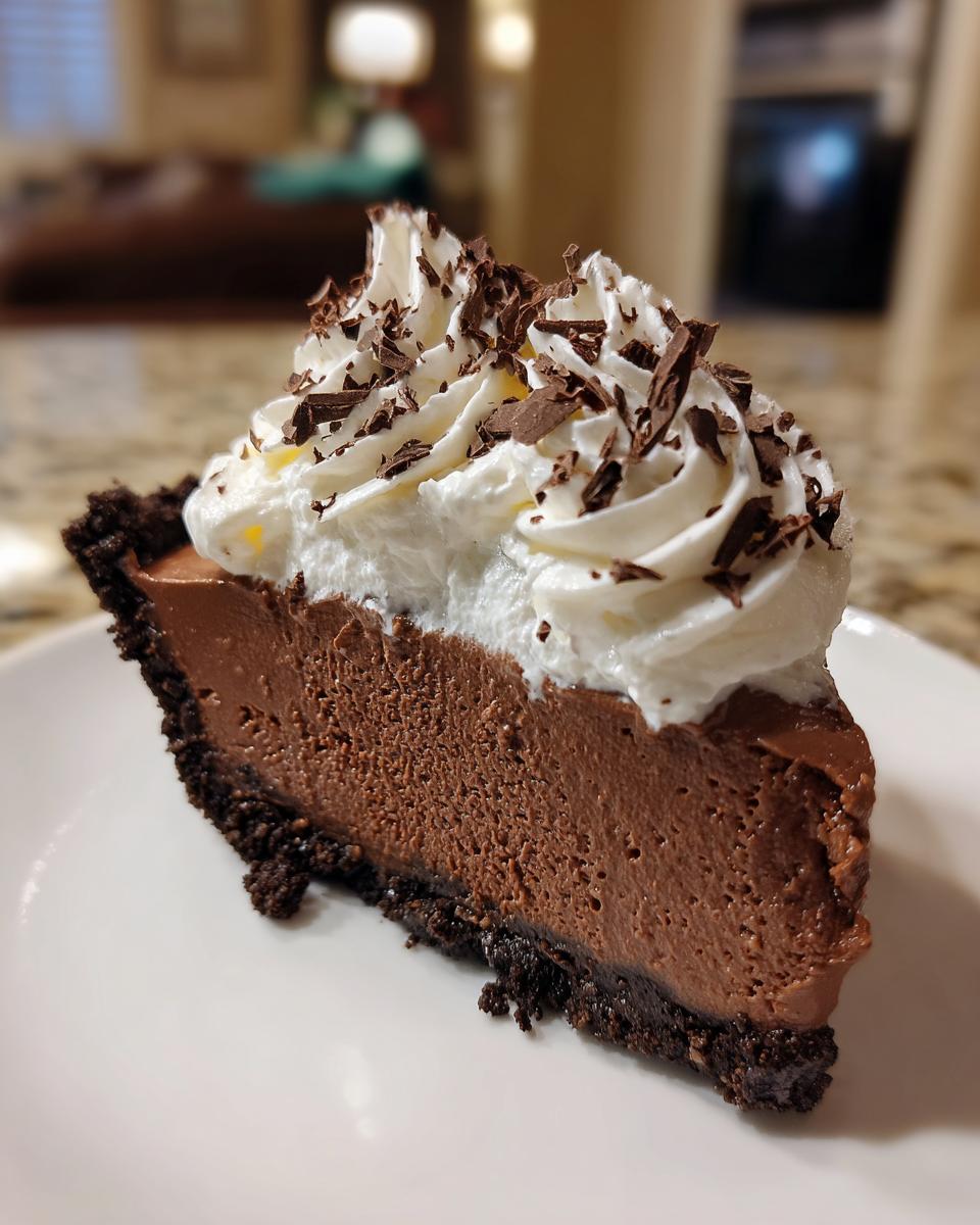 A perfect slice of french silk pie featuring a thick, rich chocolate filling and a dark crust, topped with whipped cream and chocolate shavings.