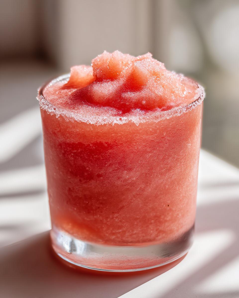 Close-up of a vibrant, frozen strawberry daiquiri with a sugared rim in a clear glass.