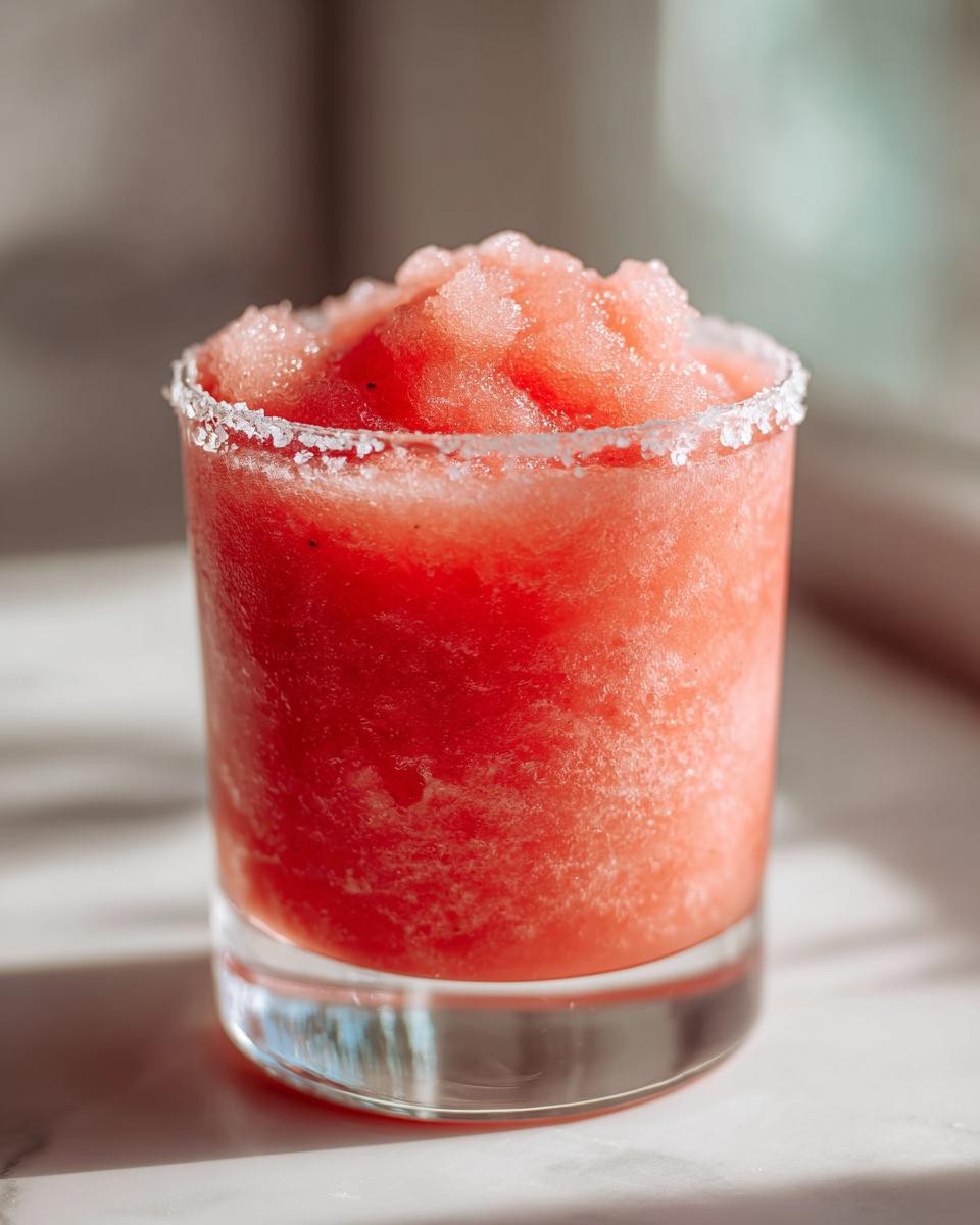 Close-up of a bright red, frozen strawberry daiquiri with a sugar-rimmed glass.