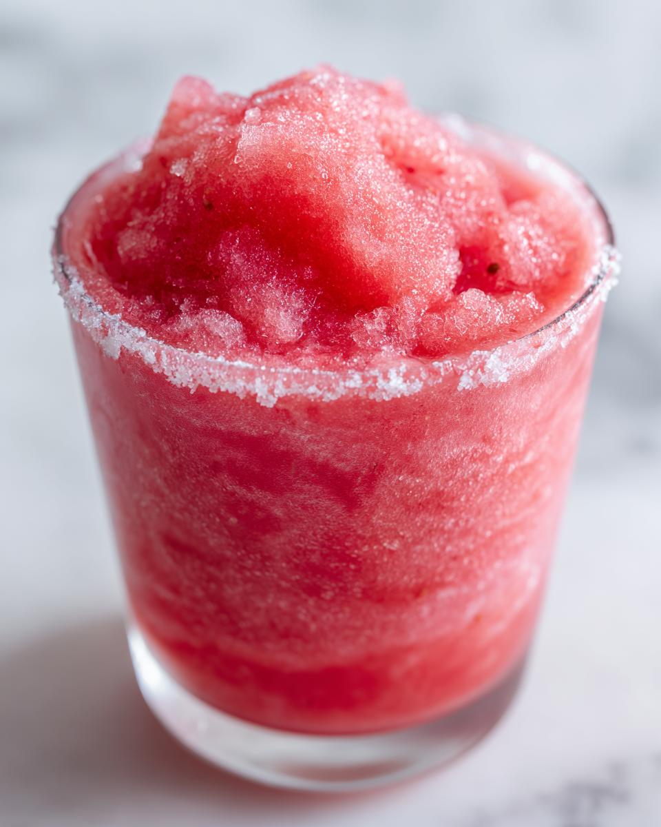 Close-up of a vibrant, icy strawberry daiquiri with a sugar-rimmed glass.