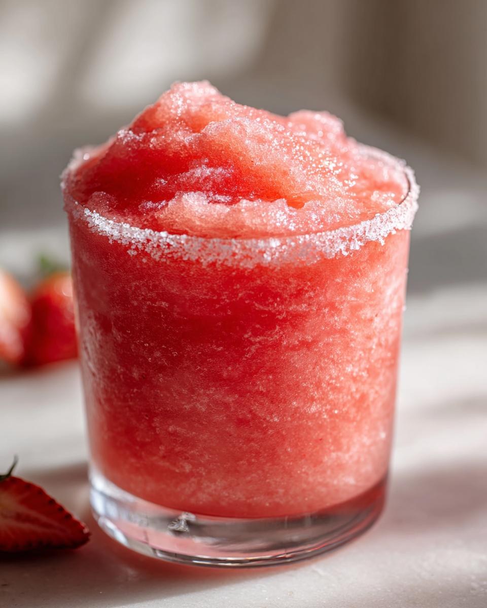 A close-up of a frozen strawberry daiquiri in a glass with a sugared rim, garnished with fresh strawberries nearby.