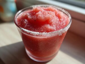 Close-up of a vibrant, frozen strawberry daiquiri in a glass with a thick, sugary rim.
