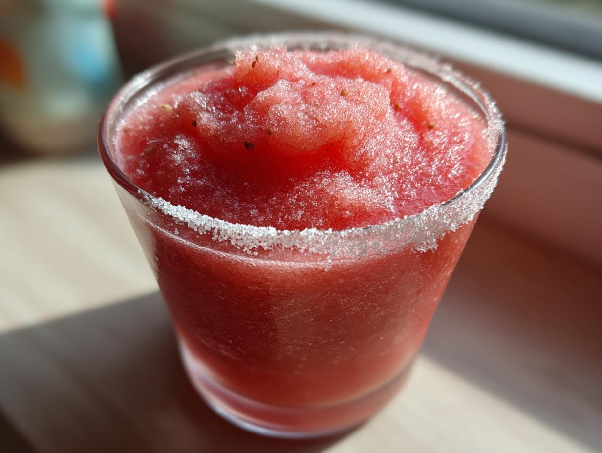 Close-up of a vibrant, frozen strawberry daiquiri in a glass with a thick, sugary rim.