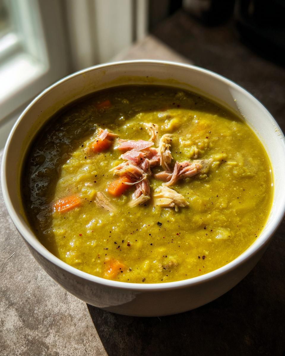 Close-up of a hearty bowl of thick, green pea soup topped with shredded ham and visible chunks of carrot.
