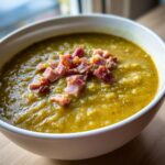 Close-up of a thick, green pea soup topped with diced ham pieces in a white bowl.