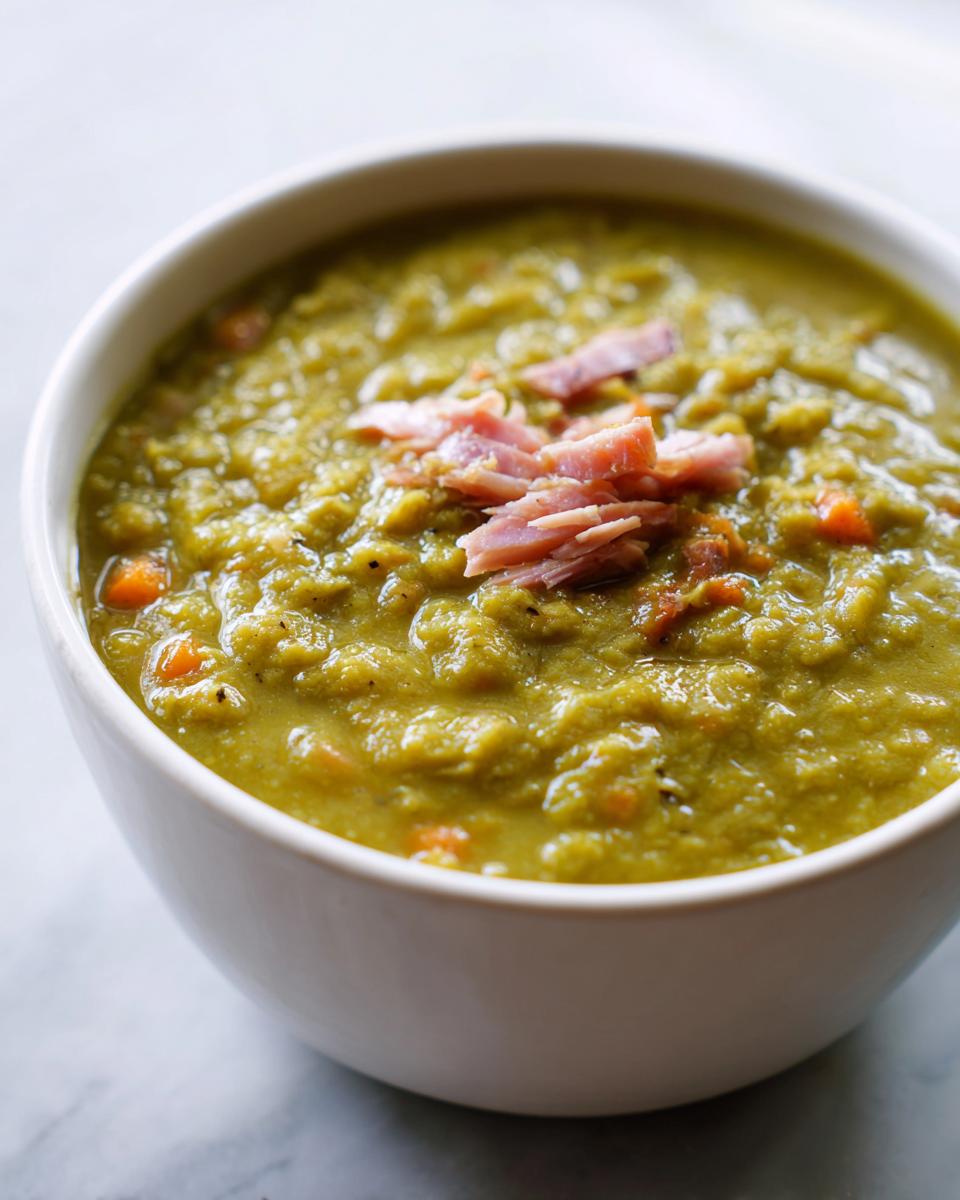 Close-up of a thick, green pea soup topped with shredded ham pieces in a white bowl.