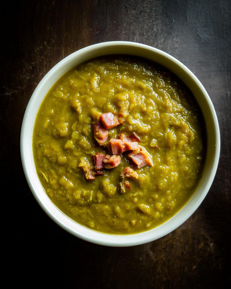 Overhead view of a bowl of thick, green pea soup garnished with diced ham pieces.