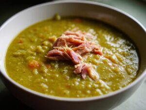 Close-up of a thick, hearty pea soup in a white bowl, topped with shredded ham.