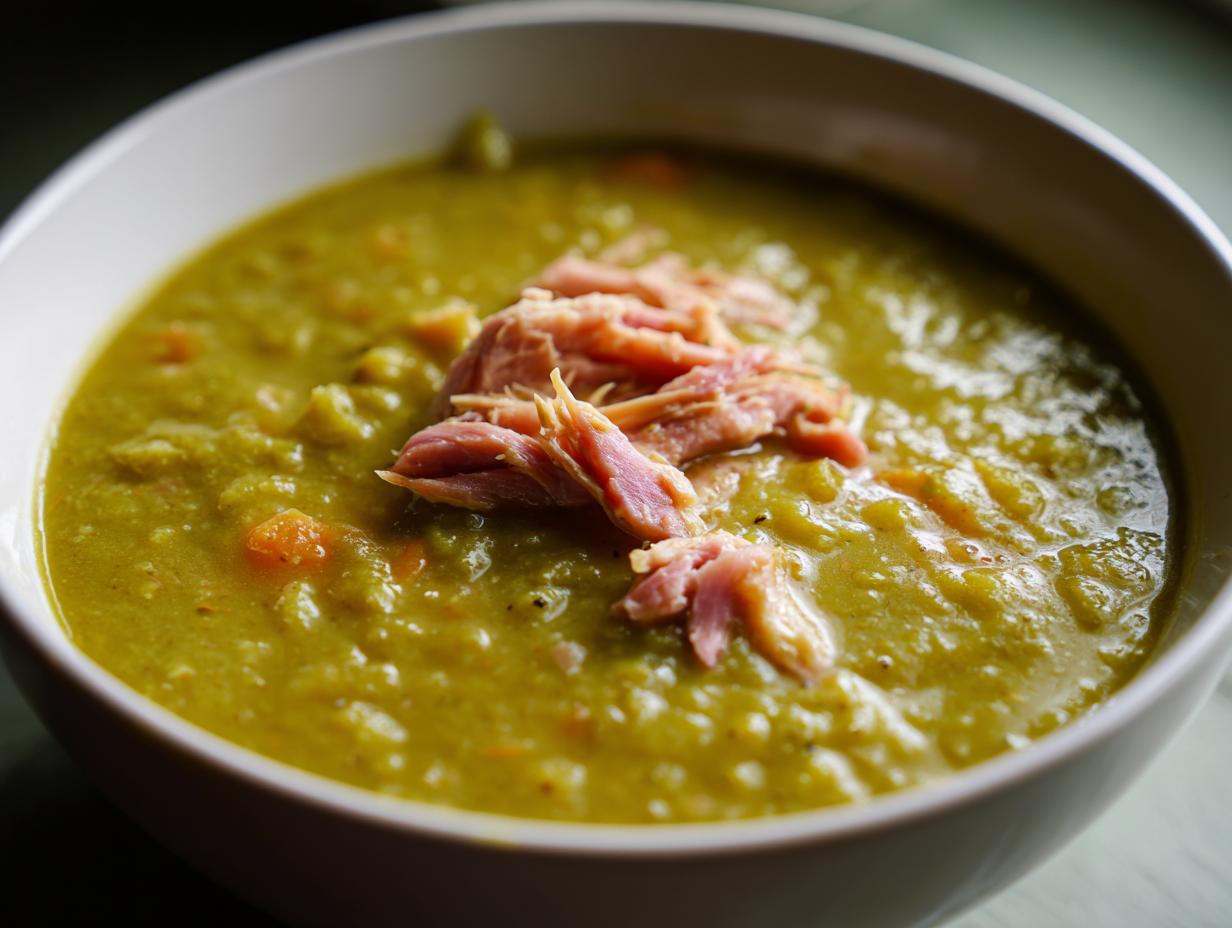 Close-up of a thick, hearty pea soup in a white bowl, topped with shredded ham.