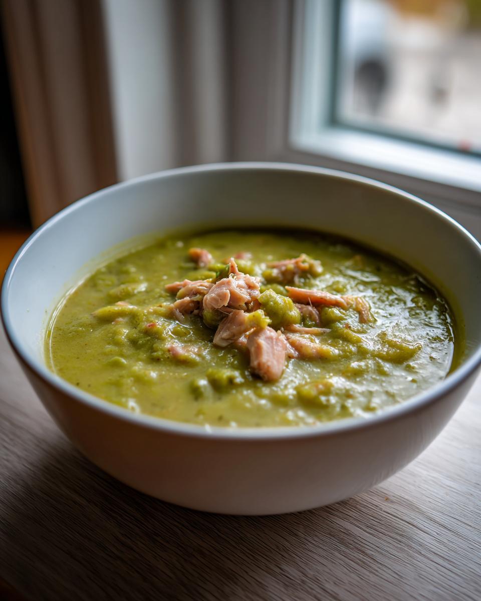 A close-up of a white bowl filled with thick, green pea soup topped with shredded ham, set near a window.