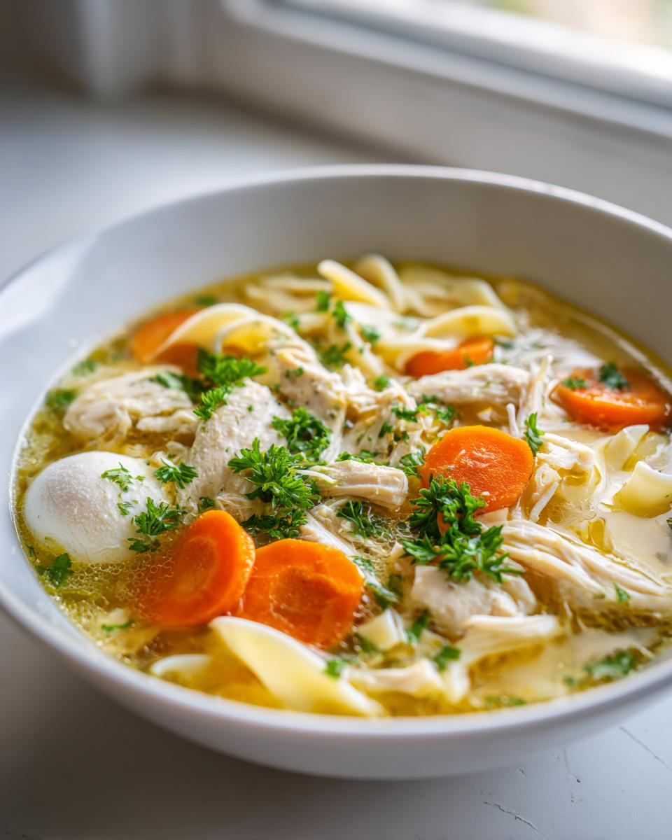 Close-up of a white bowl filled with homemade chicken noodle soup, featuring shredded chicken, sliced carrots, and parsley garnish.