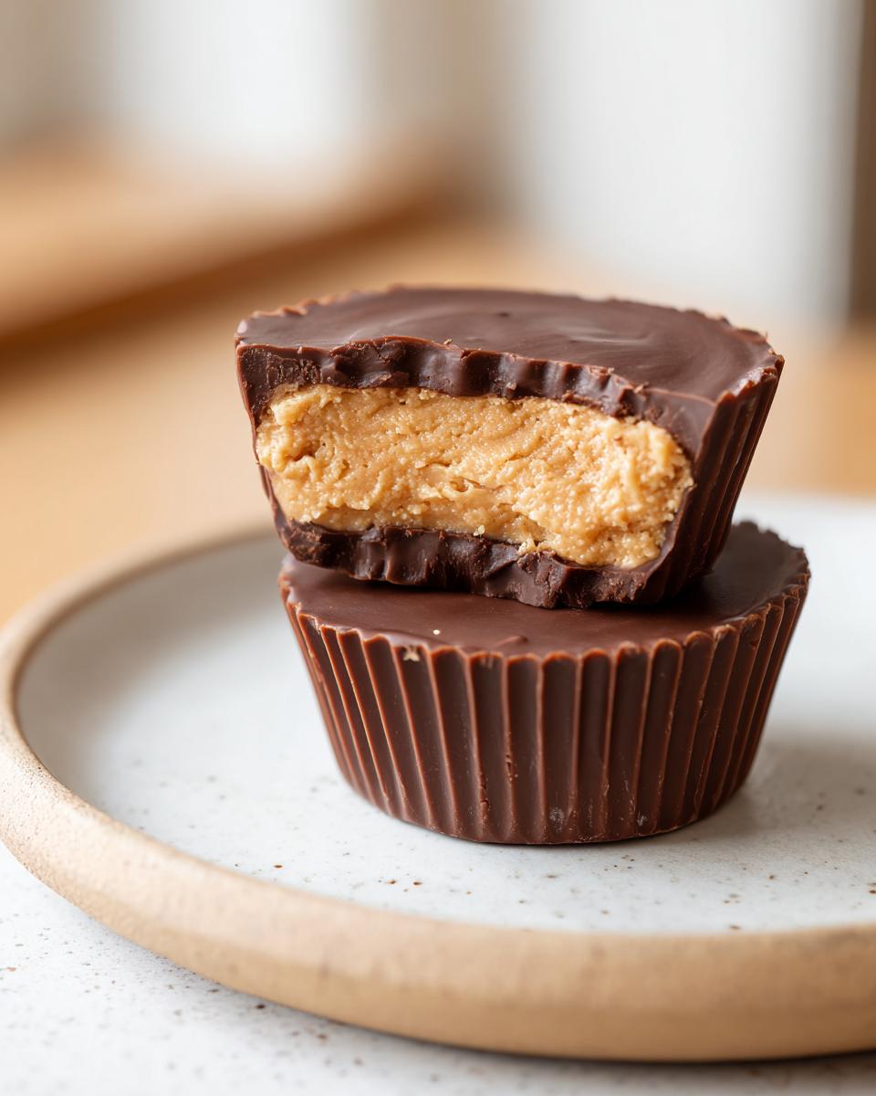 Two homemade peanut butter cups stacked, with the top one cut in half showing the creamy peanut butter filling.