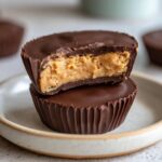 Two homemade peanut butter cups stacked, with the top one cut in half showing the creamy peanut butter filling.