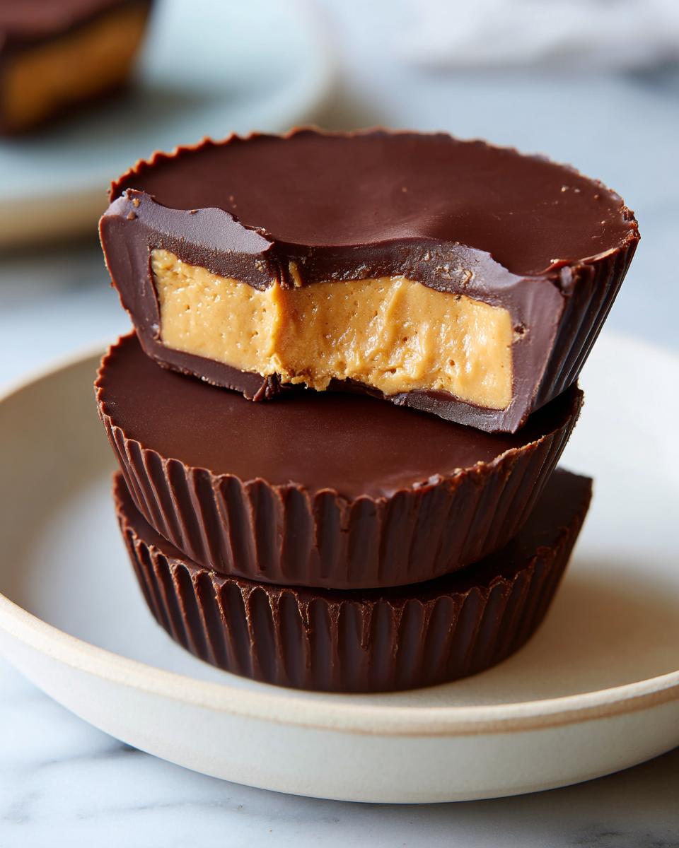 A stack of three homemade peanut butter cups, with the top one bitten to show the creamy peanut butter filling.