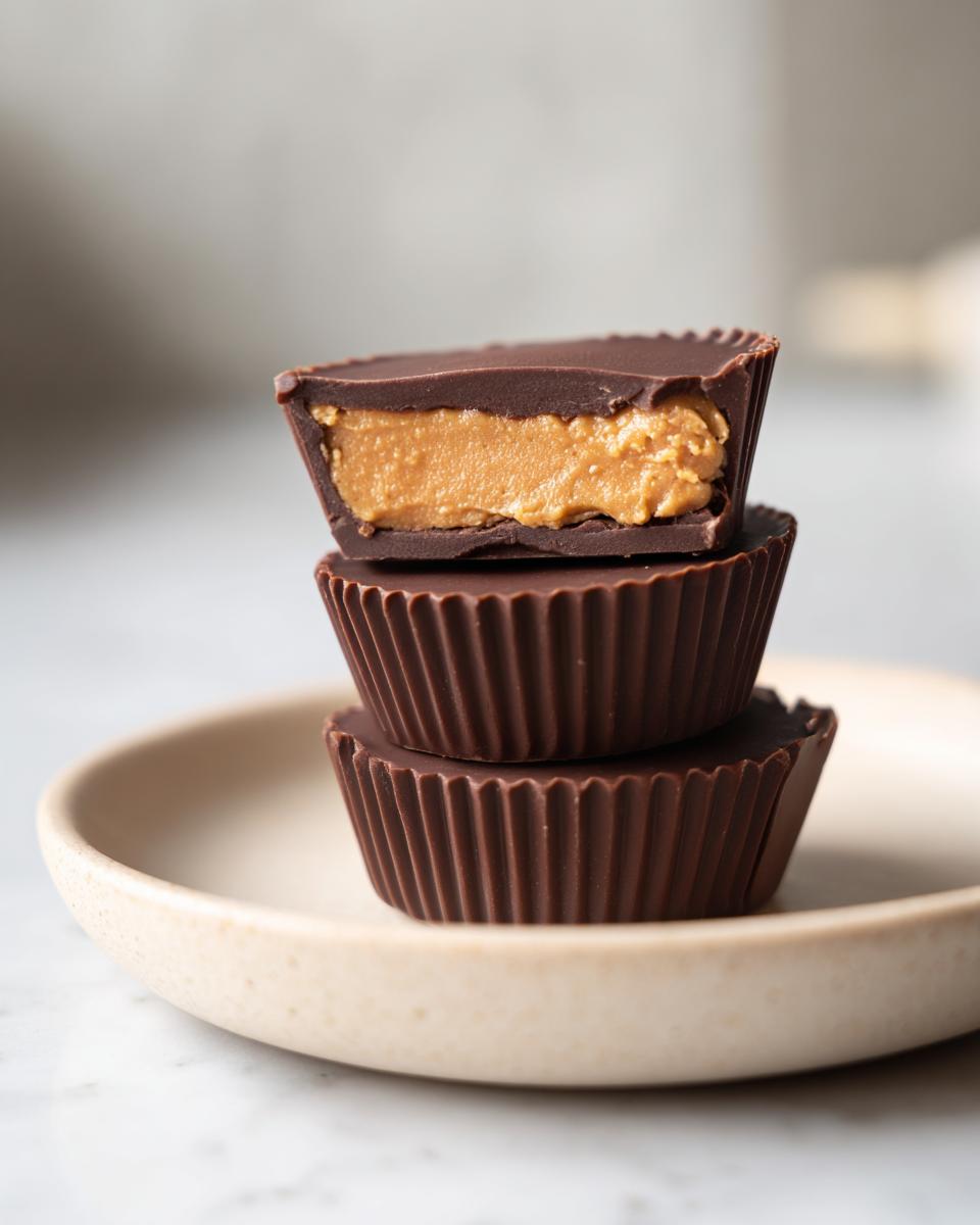 A stack of three homemade peanut butter cups, with the top one cut in half showing the creamy peanut butter filling.