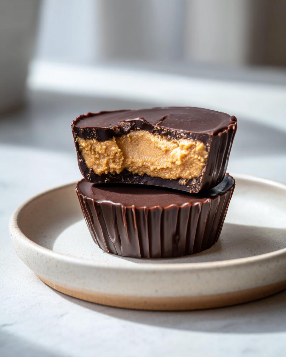 Two stacked homemade peanut butter cups, the top one bitten to show the creamy filling.