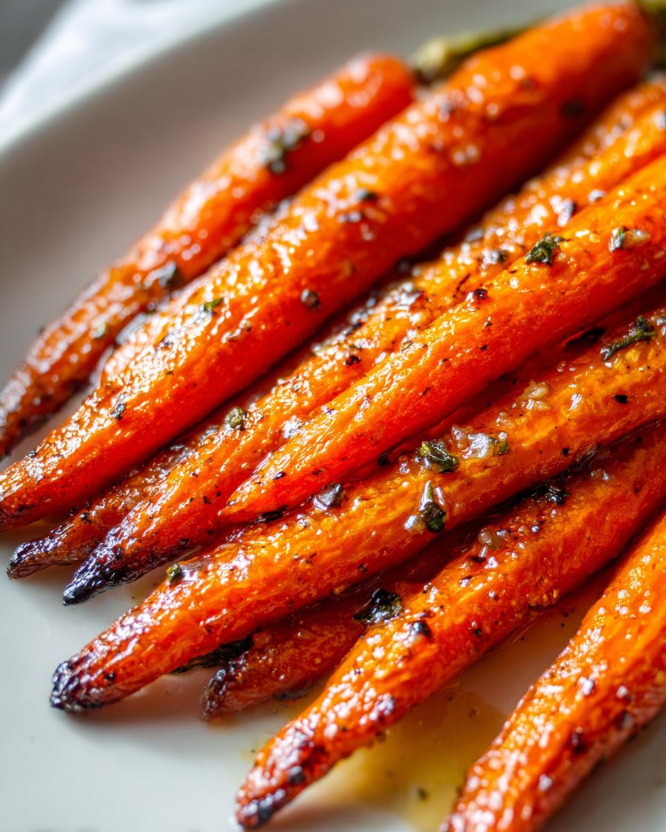 Close-up of perfectly cooked, bright orange honey glazed carrots glistening with a sweet glaze and sprinkled with herbs.