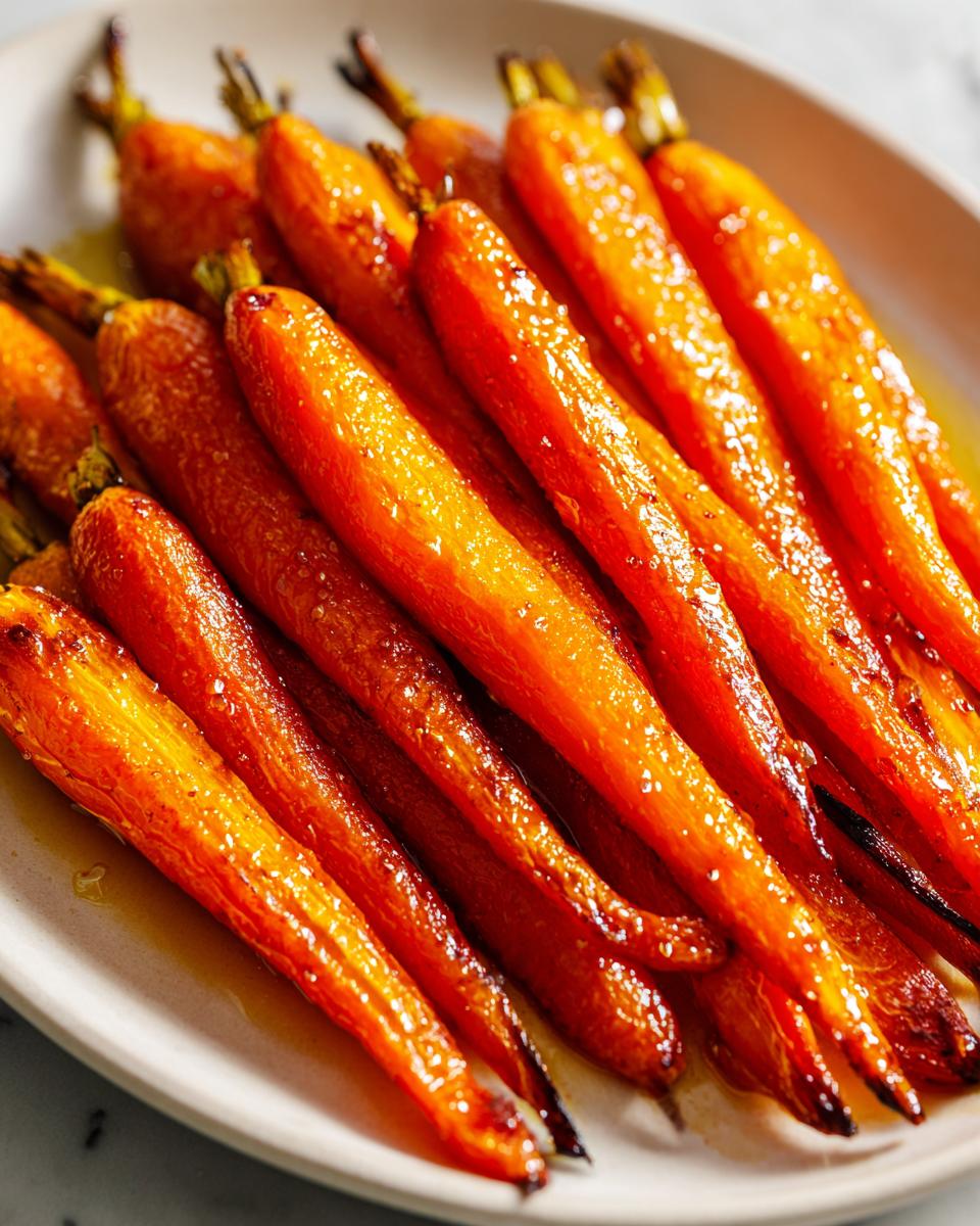 Close-up of perfectly cooked, bright orange honey glazed carrots glistening with a sweet glaze on a light plate.