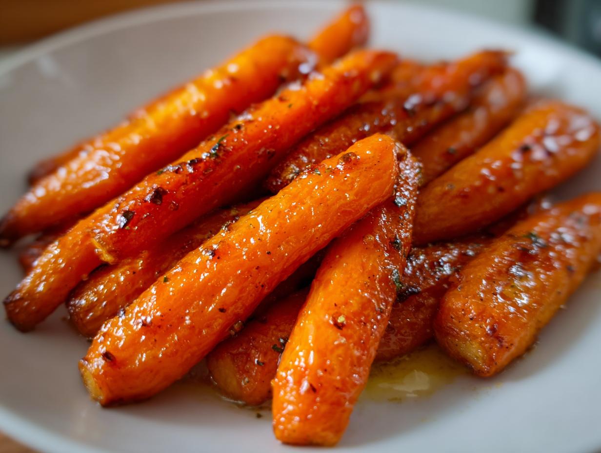 Close-up of vibrant, glossy honey glazed carrots seasoned with herbs, served on a white plate.