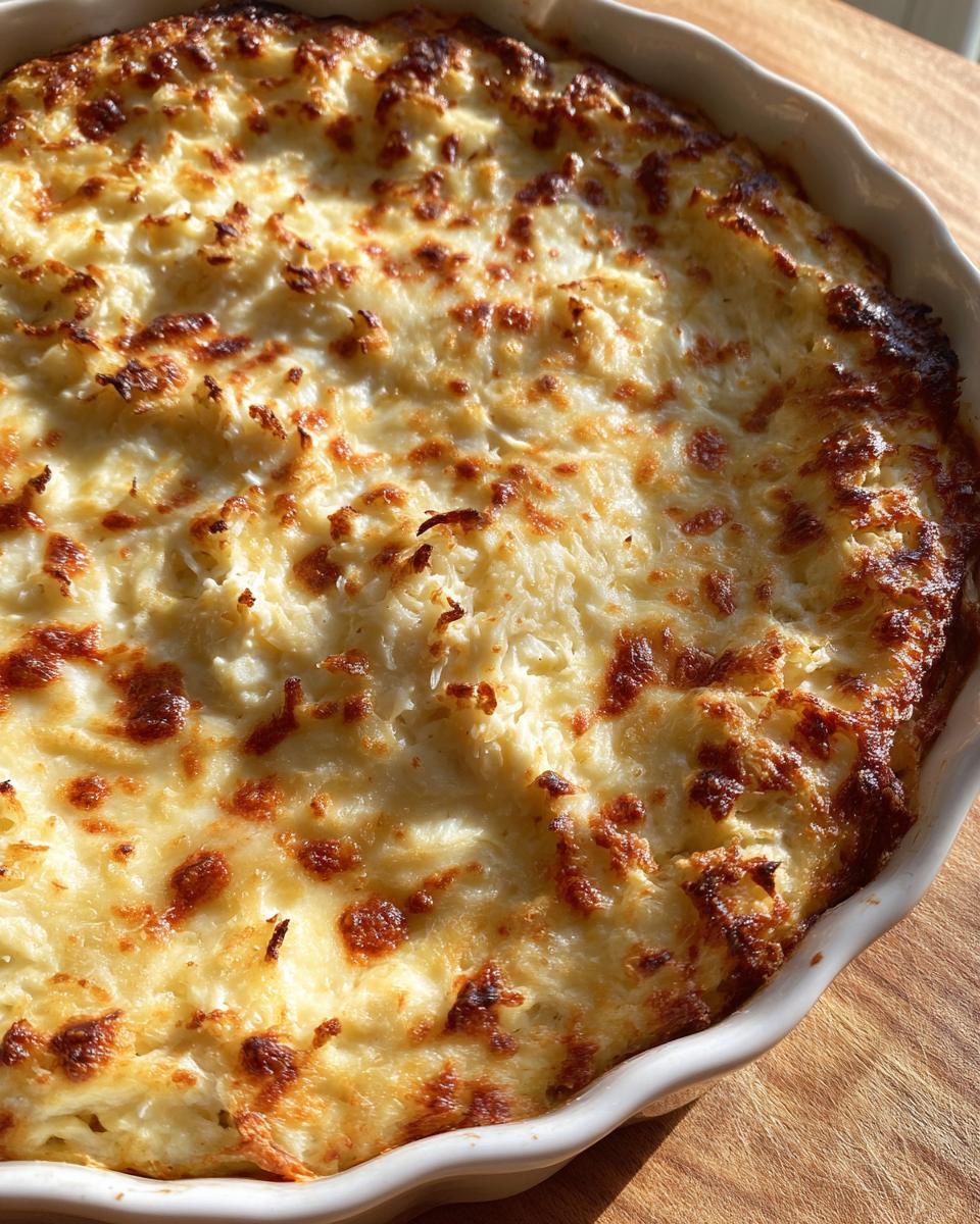 Close-up of a hot, baked crab dip in a white dish with a bubbly, golden-brown cheesy top.