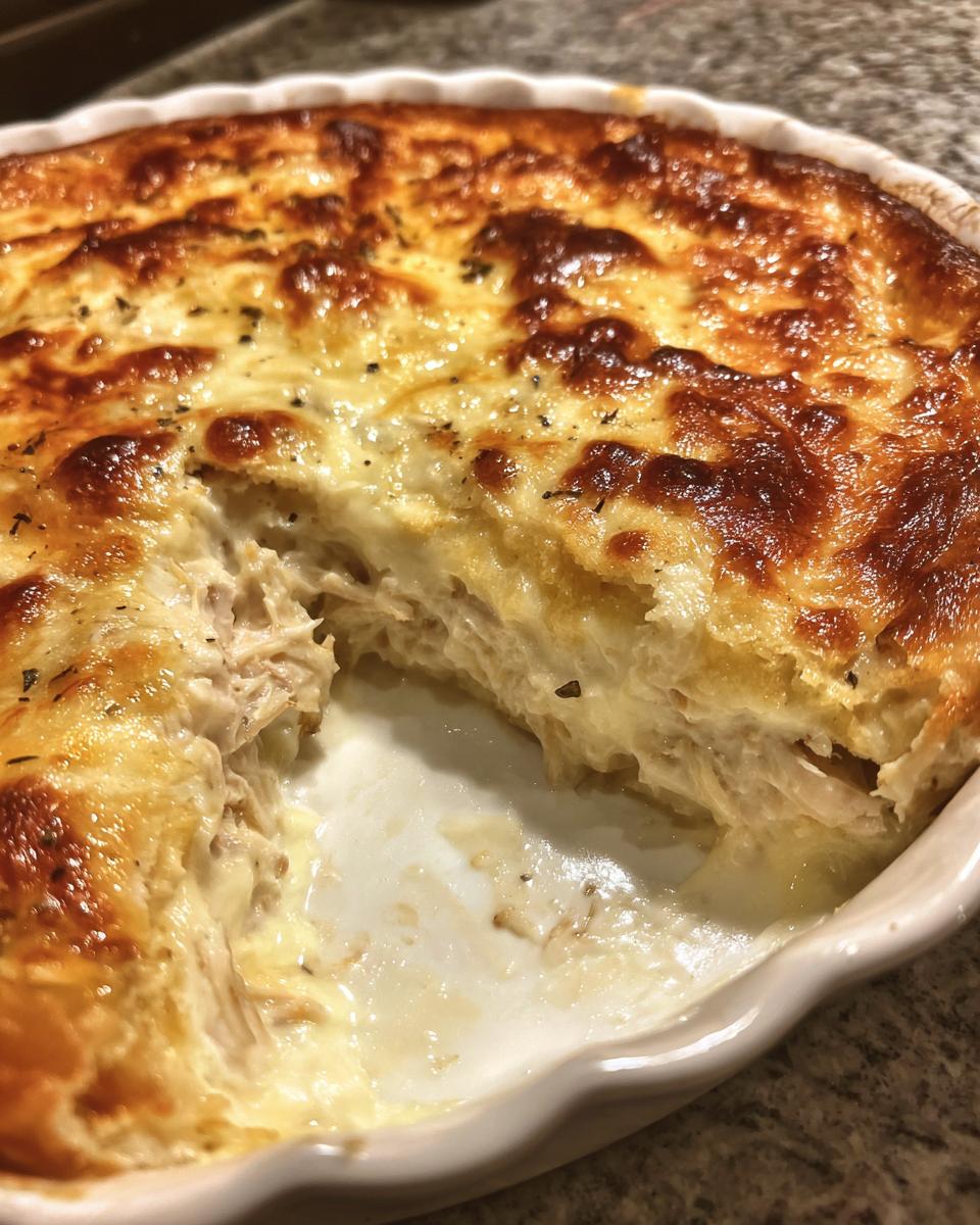 Close-up of a creamy, hot crab dip baked in a white dish with a deeply browned, bubbly cheese crust.