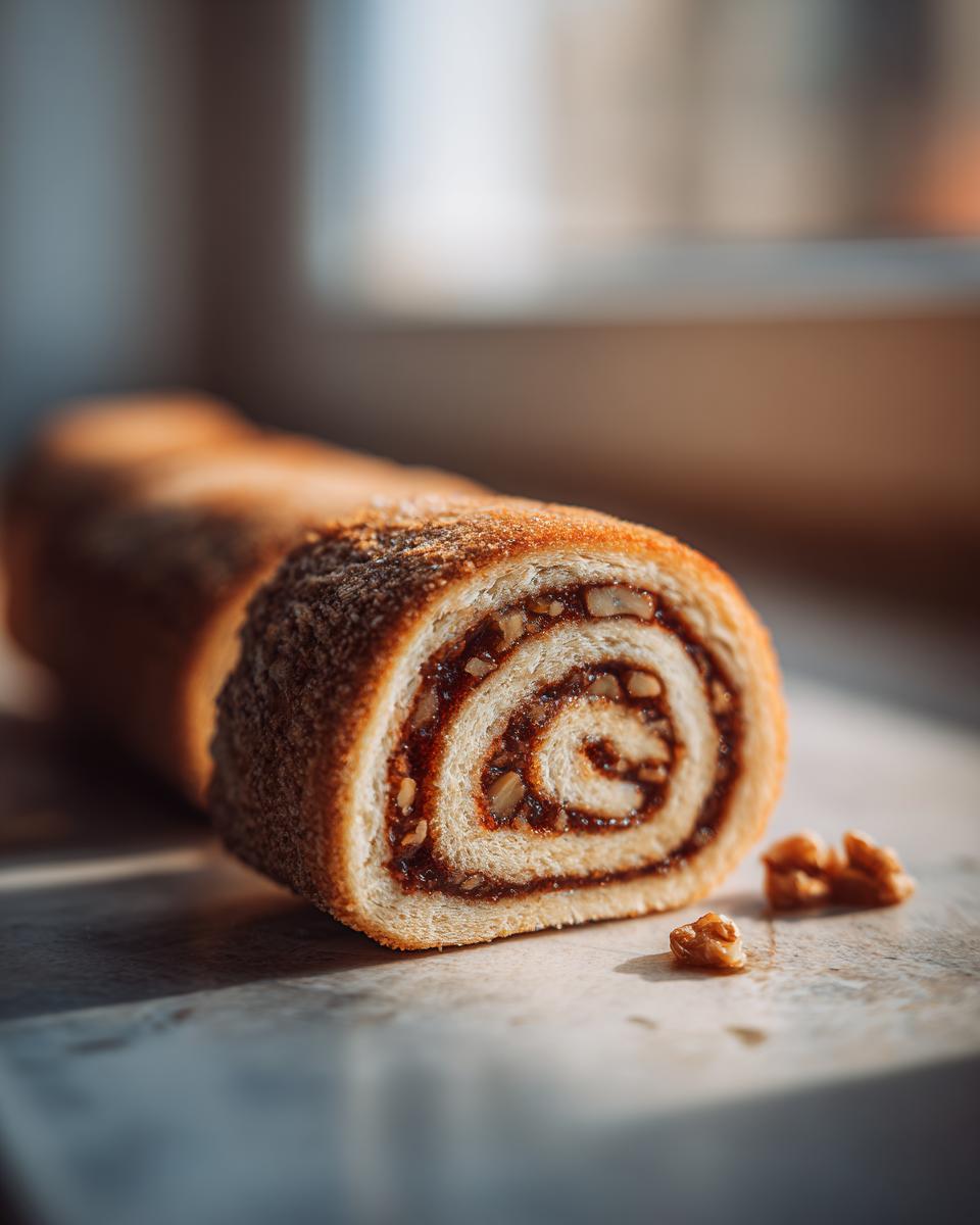 Close-up of a sliced Italian nut roll cookies log showing the swirl of sweet filling and chopped nuts.