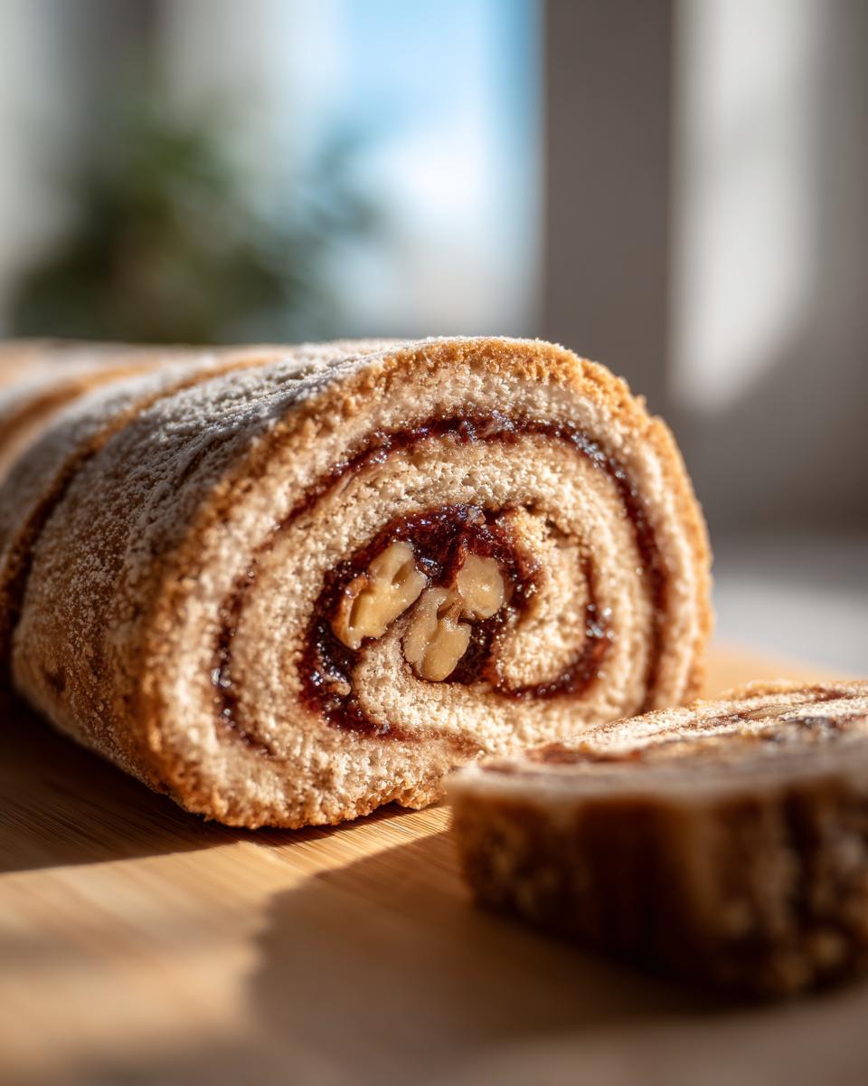 Close-up of a slice of italian nut roll cookies showing the swirl of filling and whole walnuts.