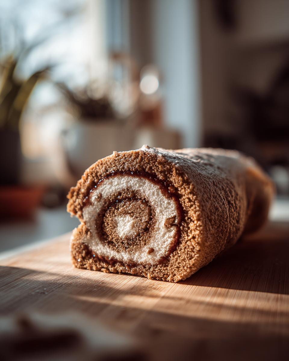 Close-up of a freshly baked italian nut roll cookies log showing the beautiful swirl of cake, cream filling, and jam.