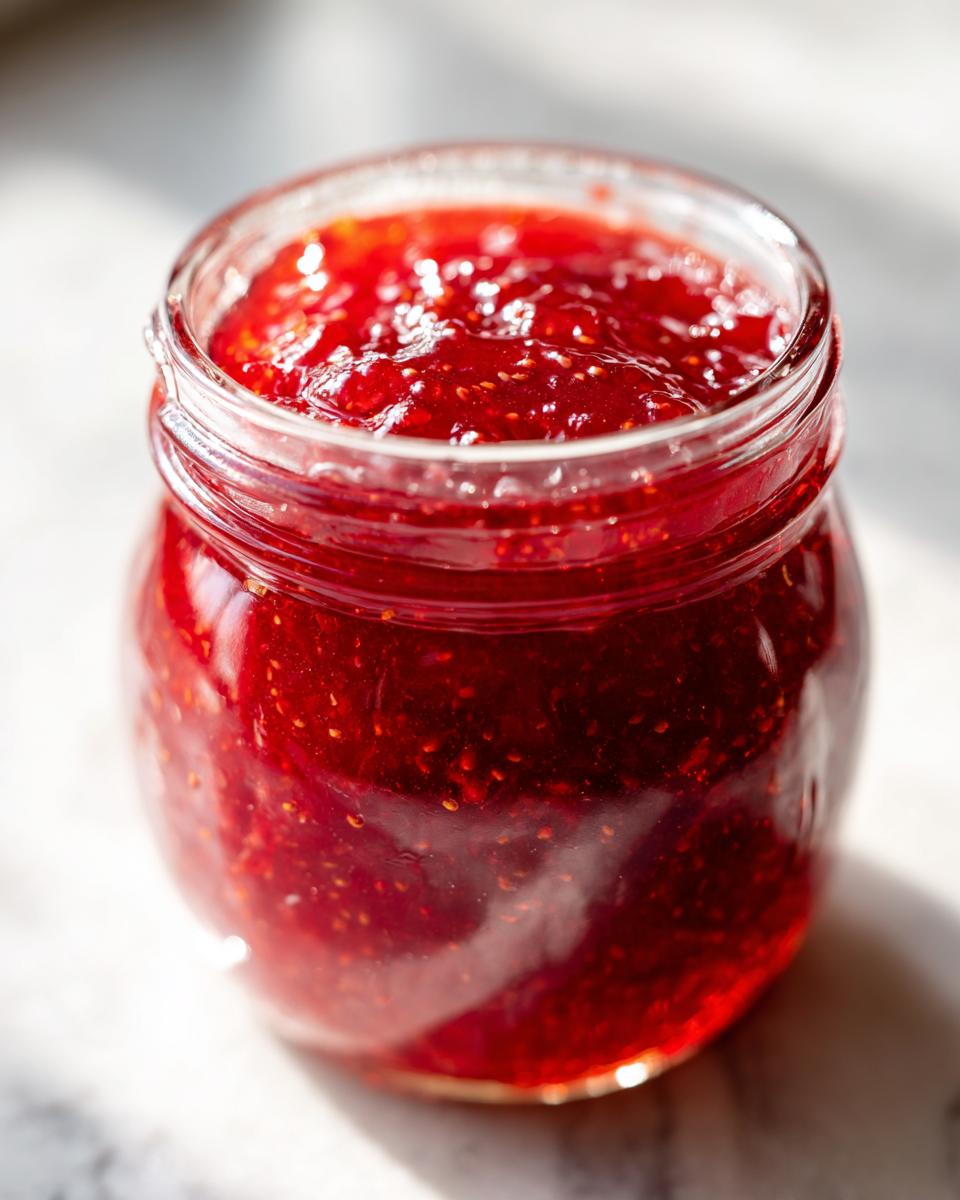 Close-up of a glass jar filled with bright red, glistening homemade freezer jam.