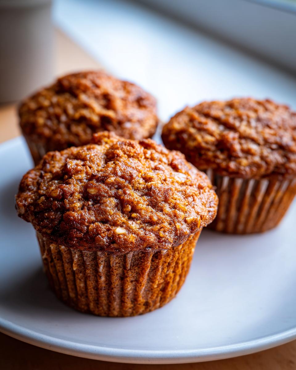 Close-up of three moist banana oatmeal muffins with textured tops sitting on a light blue plate.