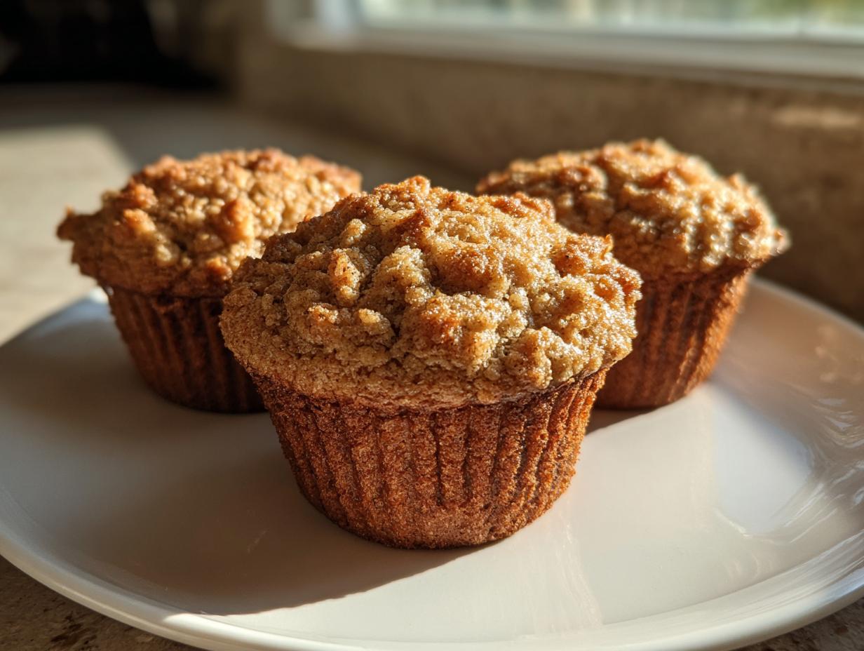 Three moist banana oatmeal muffins with a golden brown crumb topping sitting on a white plate.