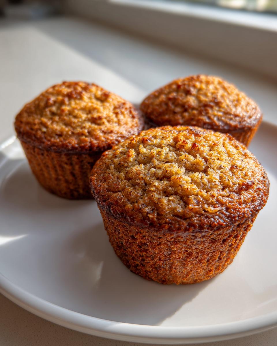 Three perfectly baked banana oatmeal muffins with golden-brown tops sitting on a white plate.