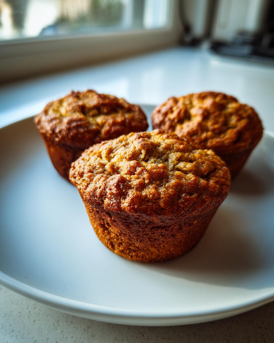 Three freshly baked, golden-brown banana oatmeal muffins sitting on a white plate near a window.