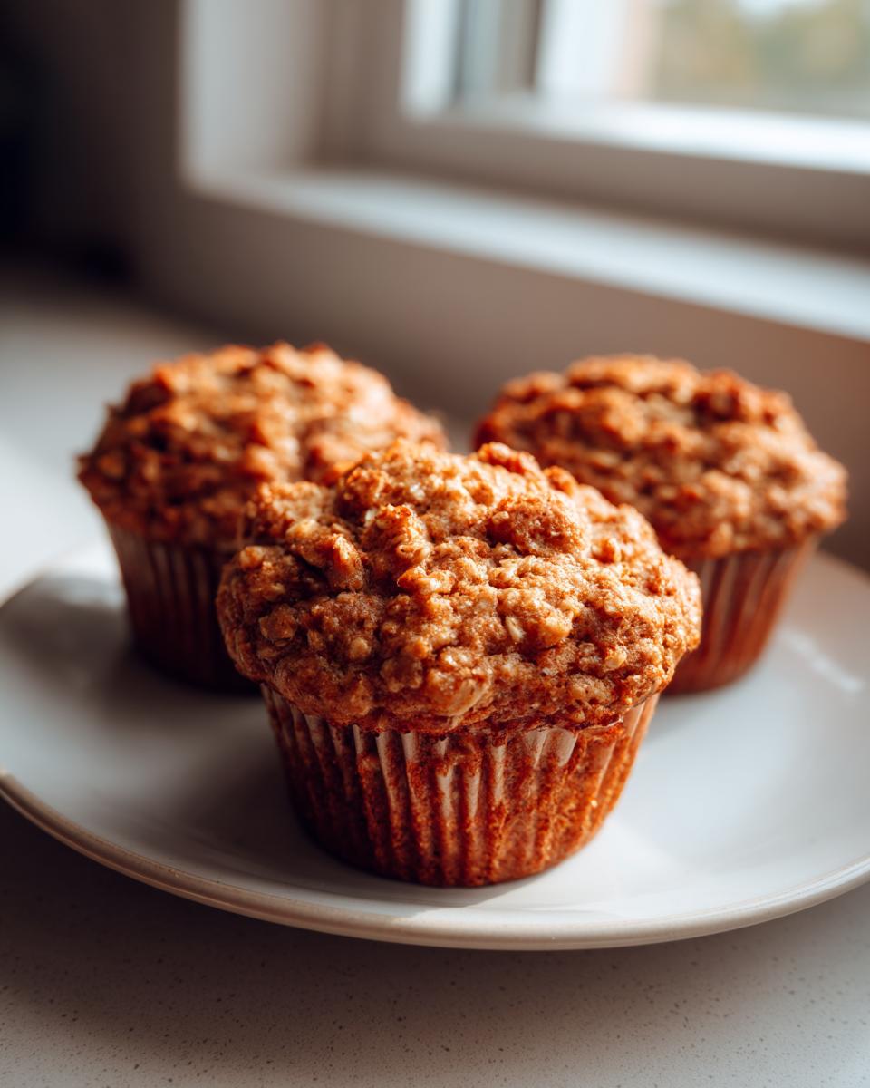 Three moist banana oatmeal muffins with crumbly tops sitting on a light plate near a window.