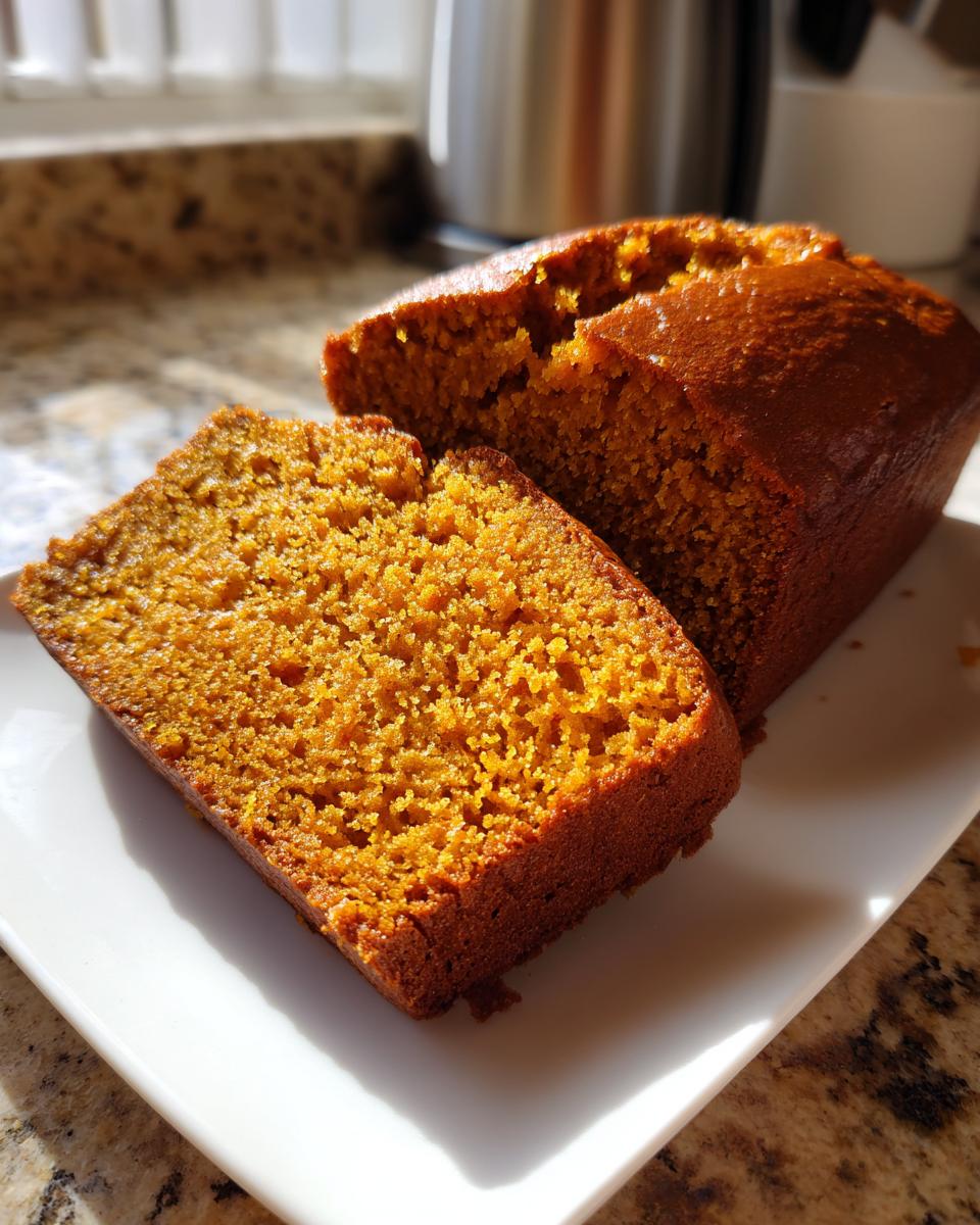 Close-up of a thick slice of moist easy pumpkin bread next to the loaf on a white plate.