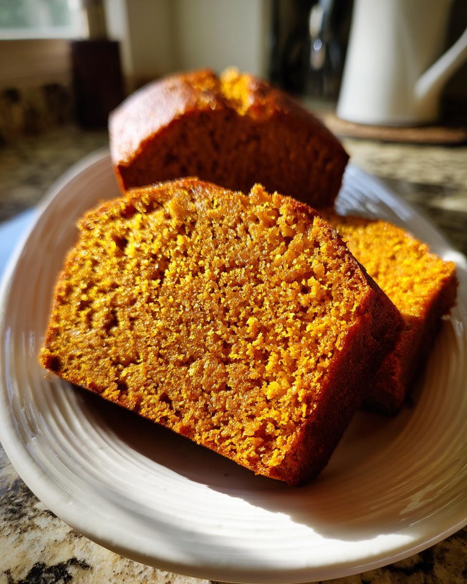 Close-up of moist, orange-hued slices of easy pumpkin bread served on a white plate in sunlight.