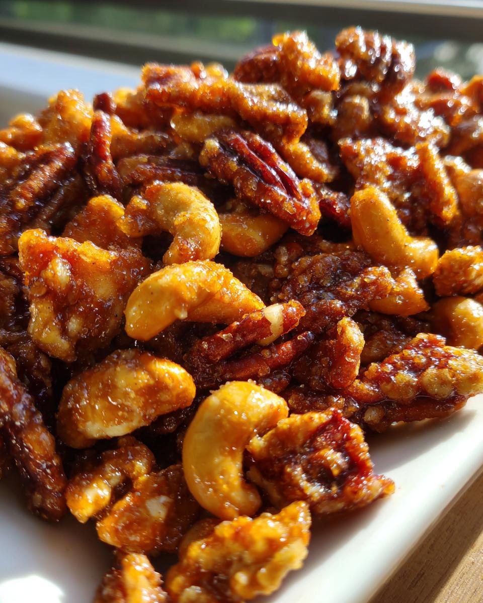 Close-up of glossy, caramelized pecans and cashews making up the praline crunch snack.