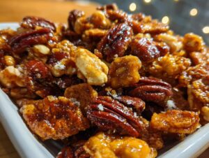 Close-up of shiny, caramelized pecans and nuts coated in a sweet glaze, ready to be enjoyed as a praline crunch snack.
