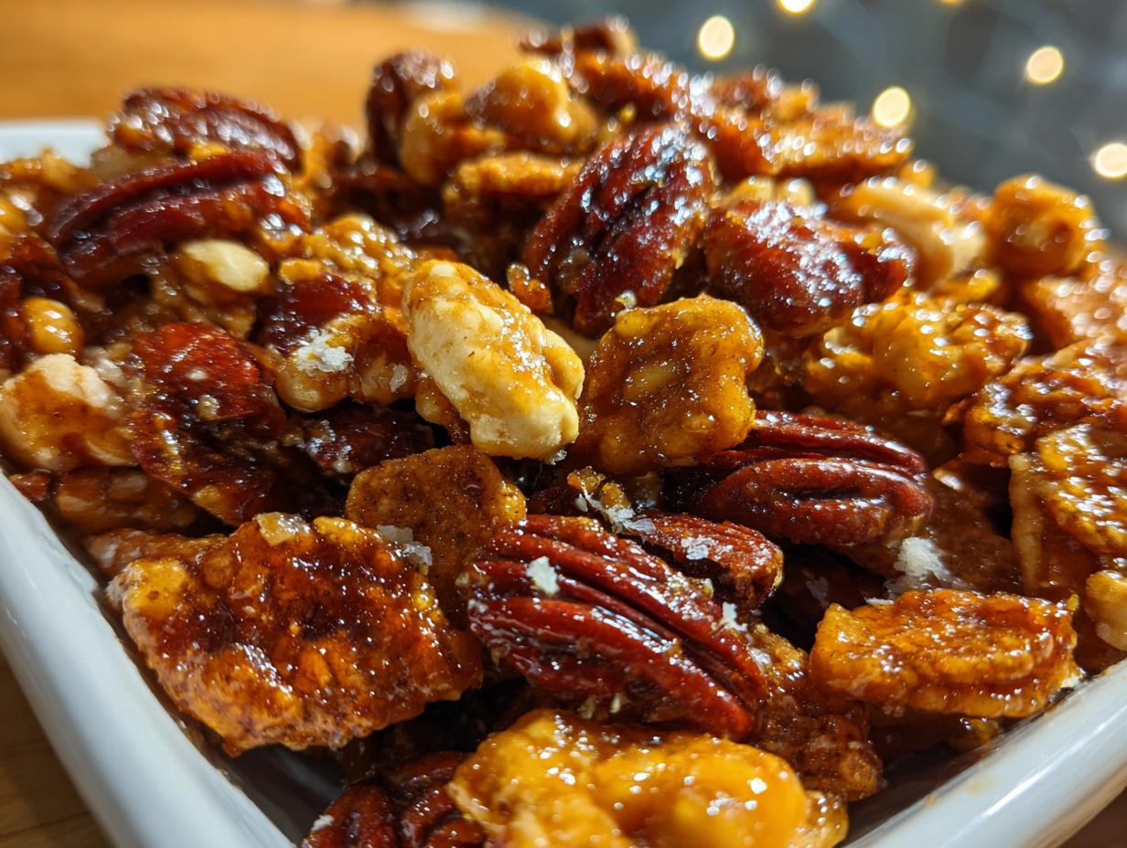 Close-up of shiny, caramelized pecans and nuts coated in a sweet glaze, ready to be enjoyed as a praline crunch snack.
