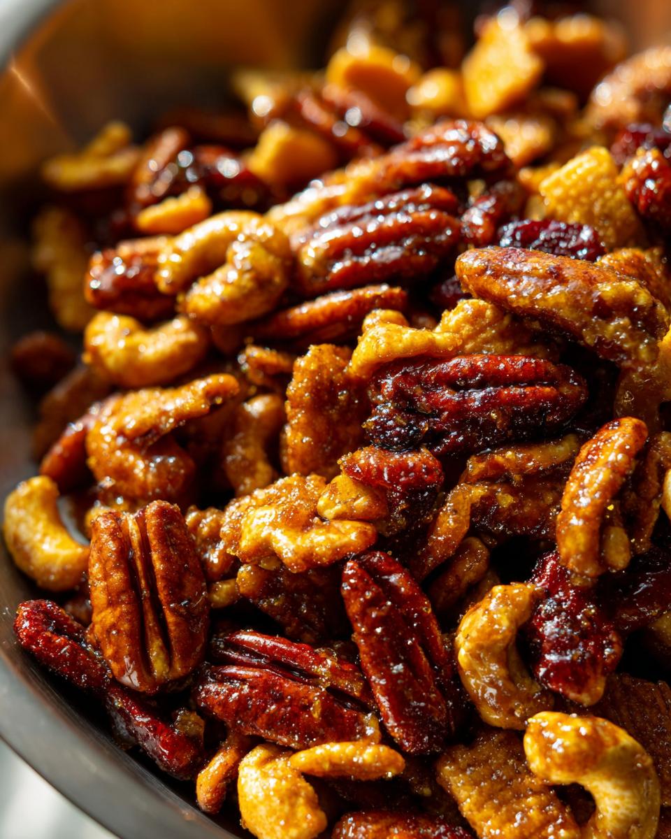 Close-up of glossy, caramelized pecans and cashews forming a delicious praline crunch snack.