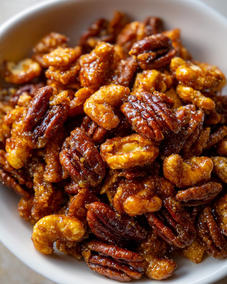 Close-up of glossy, caramelized pecans coated in sugar, ready to eat as a praline crunch snack.