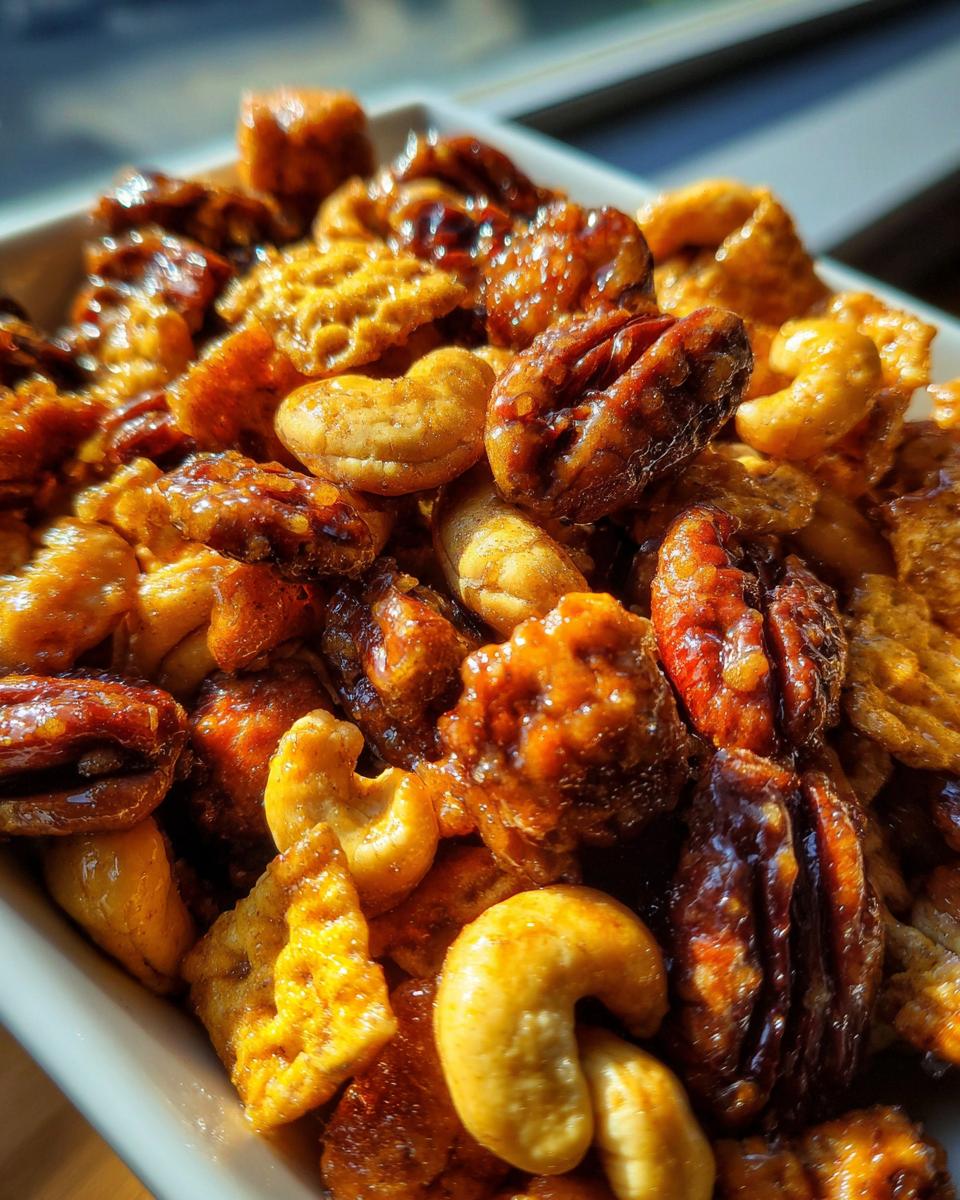 Close-up of a bowl filled with homemade praline crunch mix featuring glazed pecans, cashews, and crunchy cereal pieces.