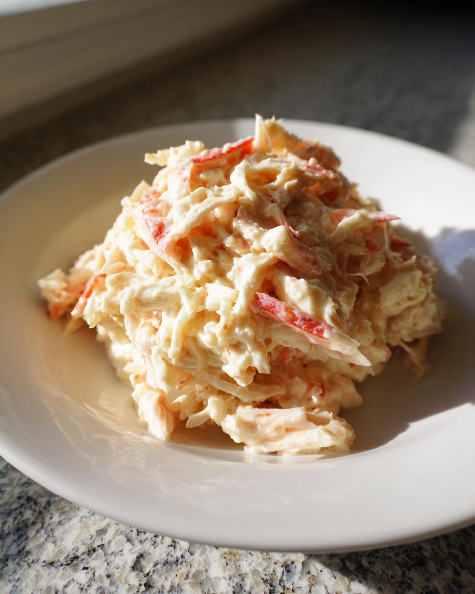 A mound of creamy seafood salad with shredded imitation crab meat served on a white plate.